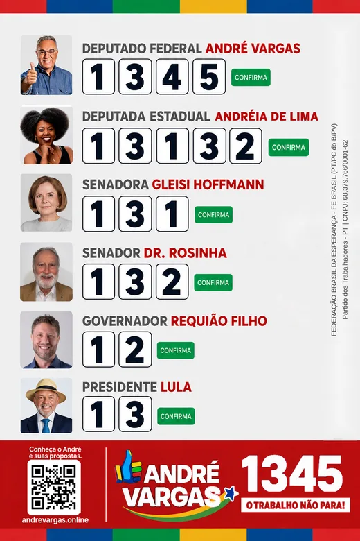 Colinha de votação: Andréia de Lima 13132 para deputada estadual e André Vargas 1345 para deputado federal