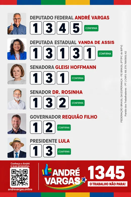 Colinha de votação: Vanda de Assis 13131 para deputada estadual e André Vargas 1345 para deputado federal